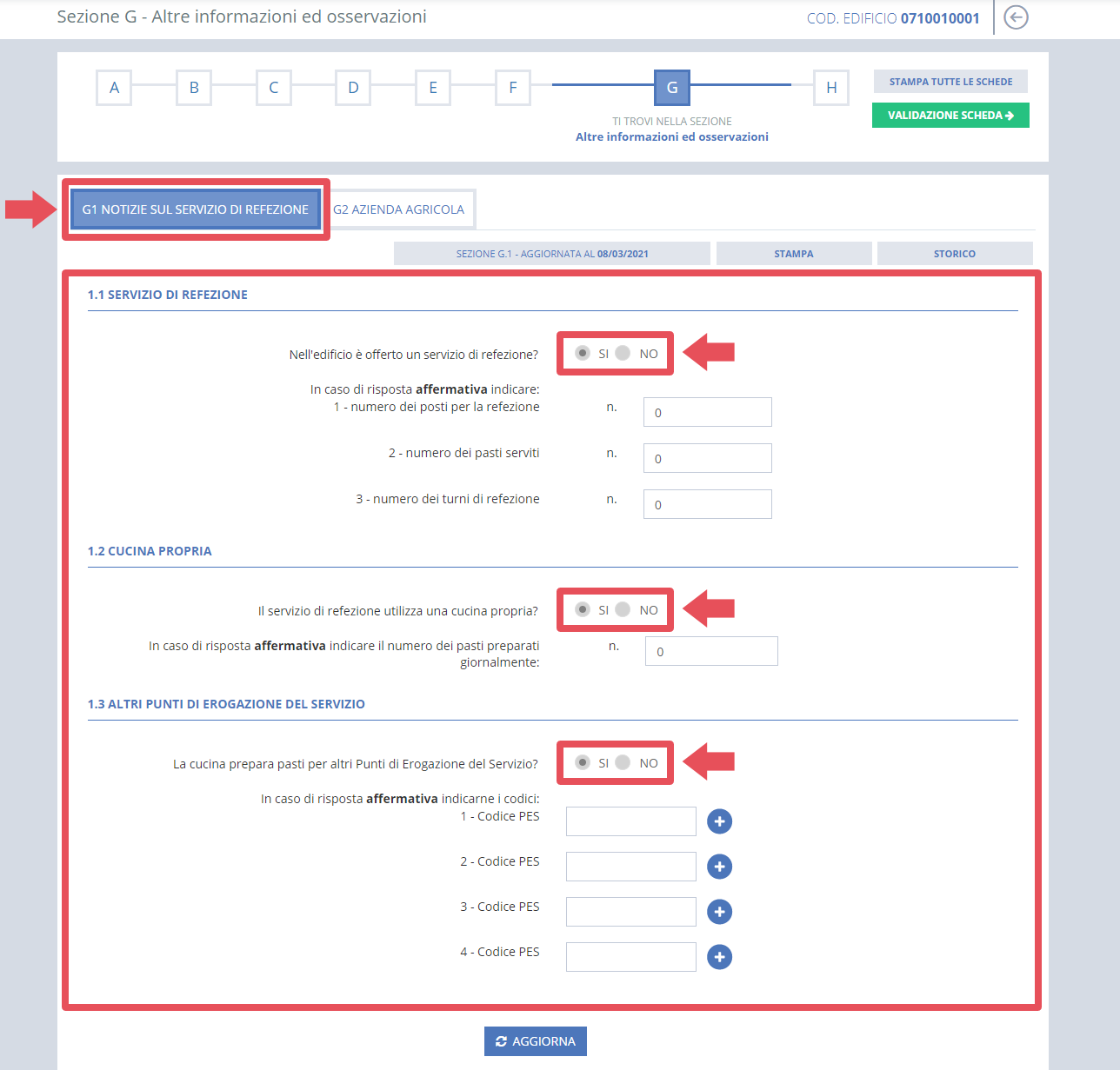 immagine pagina Sezione G1 notizie sul servizio di refezione, risposte affermative