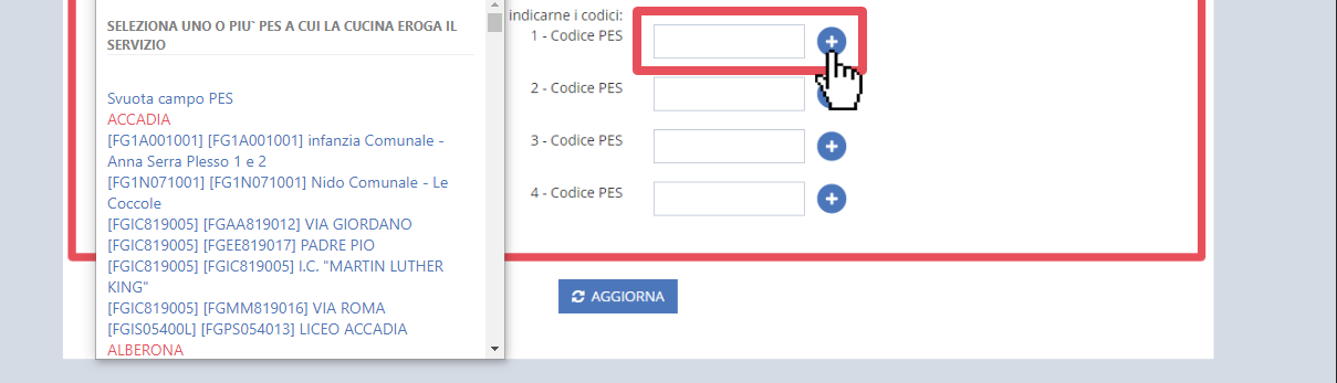 immagine pagina Sezione G1 notizie sul servizio di refezione, inserimento PES