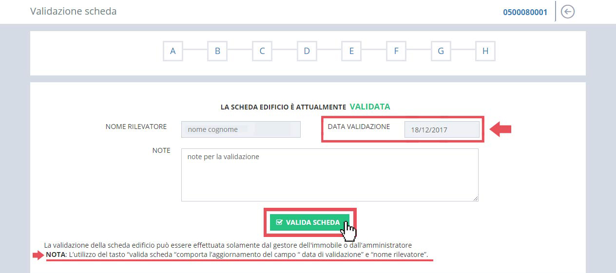 immagine pagina validazione scheda, scheda validata, data validazione