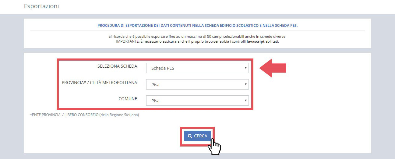 immagine pagina esportazioni, finestra ricerca tramite scheda PES, provincia/città metropolitana, comune, gestore