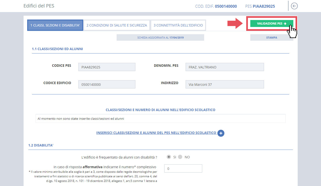 immagine pagina edifici del pes, pulsante validazione pes