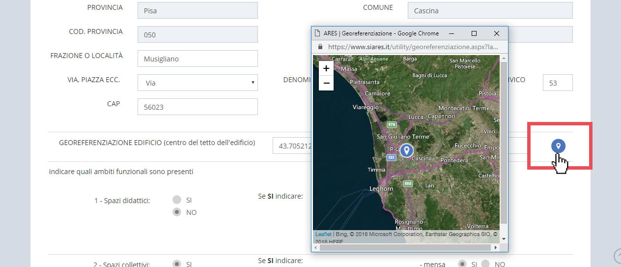 immagine pagina sezione A, finestra anteprima sulla mappa delle coordinate inserite