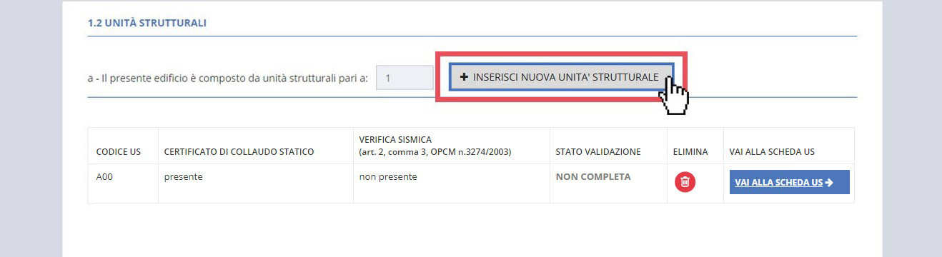 immagine pagina sezione B1 ubicazione, punto 1.2 unità strutturali, pulsante inserisci nuova unità strutturale