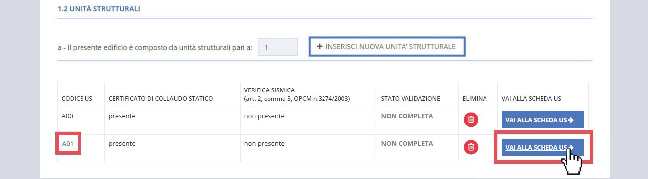 immagine pagina sezione B1 ubicazione, punto 1.2 unità strutturali, creazione nuova scheda, pulsante vai alla scheda us