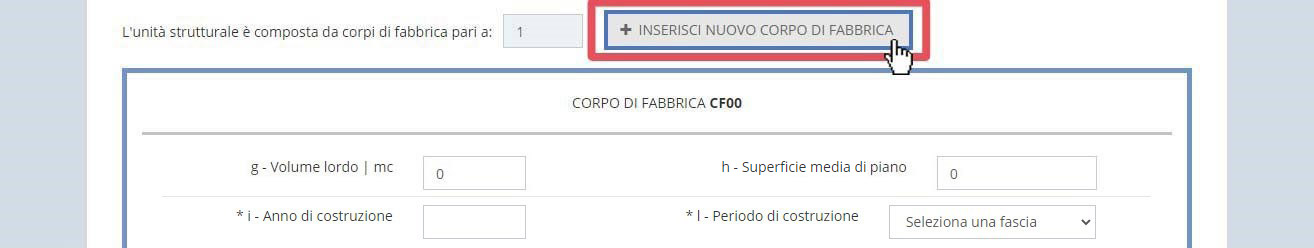 immagine pagina sezione B, scheda unità strutturale, pulsante inserisci nuovo corpo di fabbrica