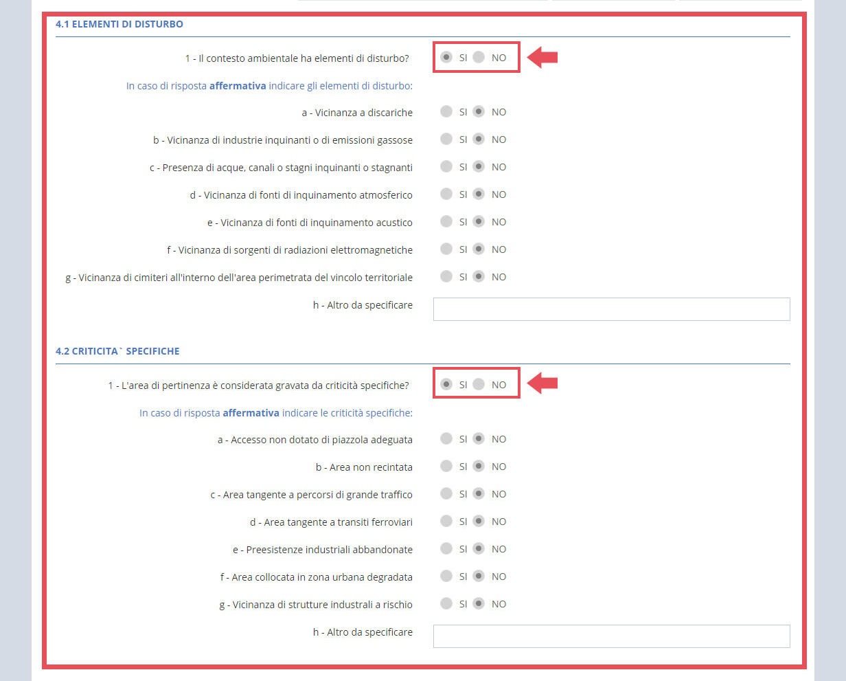 immagine pagina sezione B4 ambiente e area scolastica, punto 4.1 elementi di distrurbo, risposta affermativa