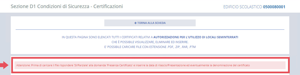 immagine pagina caricamento file certificati, messaggio di alert