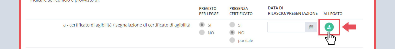 immagine pagina sezione D1 condizioni di sicurezza - certificazioni, punto 1.1 certificazioni relative all'edificio scolastico, pulsante allegato verde