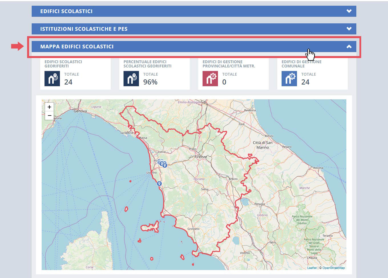 immagine pagina dashboard, finestra mappa edifici scolastici