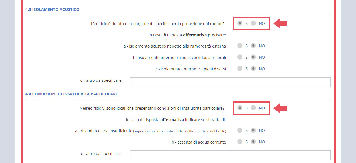 immagine pagina sezione D4 requisiti particolari, risposte affermative