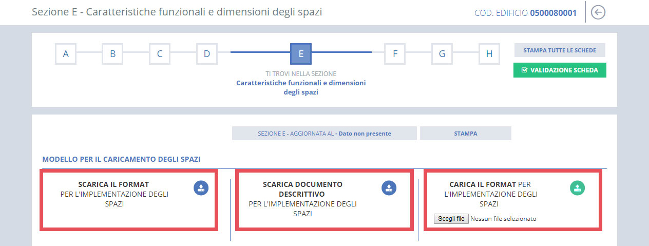 immagine pagina sezione Sezione E - Caratteristiche funzionali e dimensionali degli spazi, modello per il caricamento degli spazi